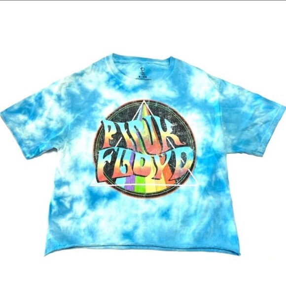 Pink Floyd Band Tee Blue Tie Dye Cropped Raw Hem Crew Neck Cotton Size Small - Picture 10 of 10